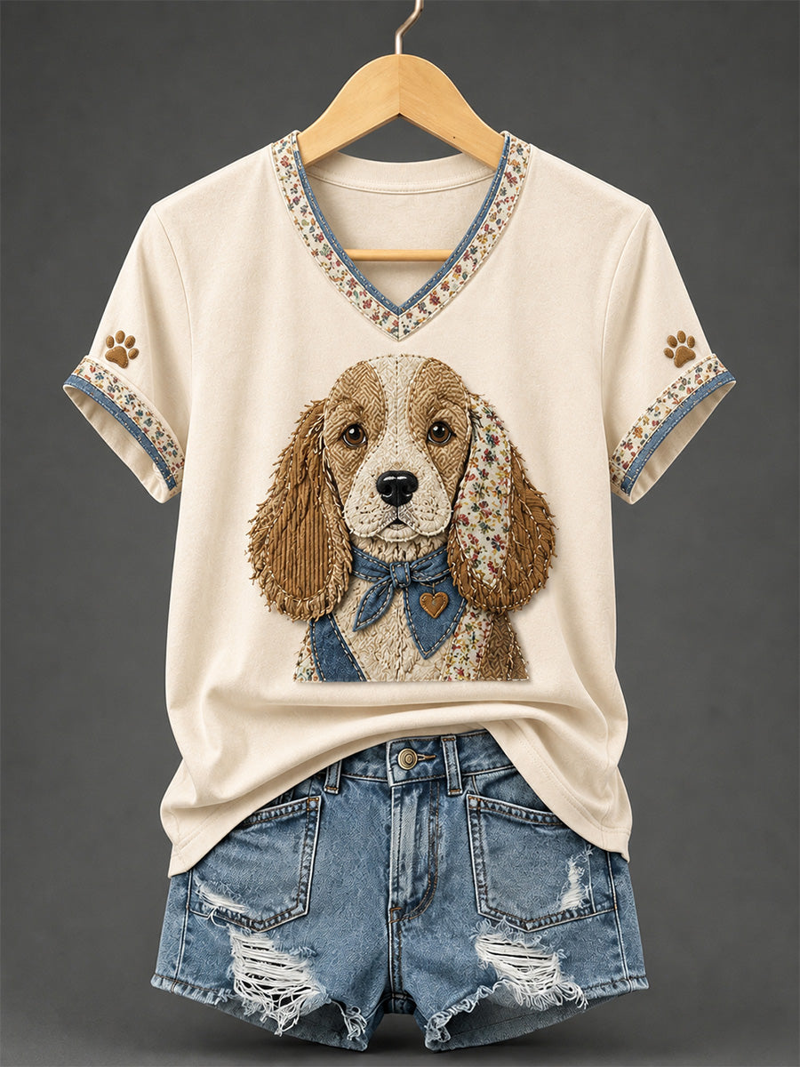Damen-Retro-Patchwork-T-Shirt mit Hundeprint und V-Ausschnitt