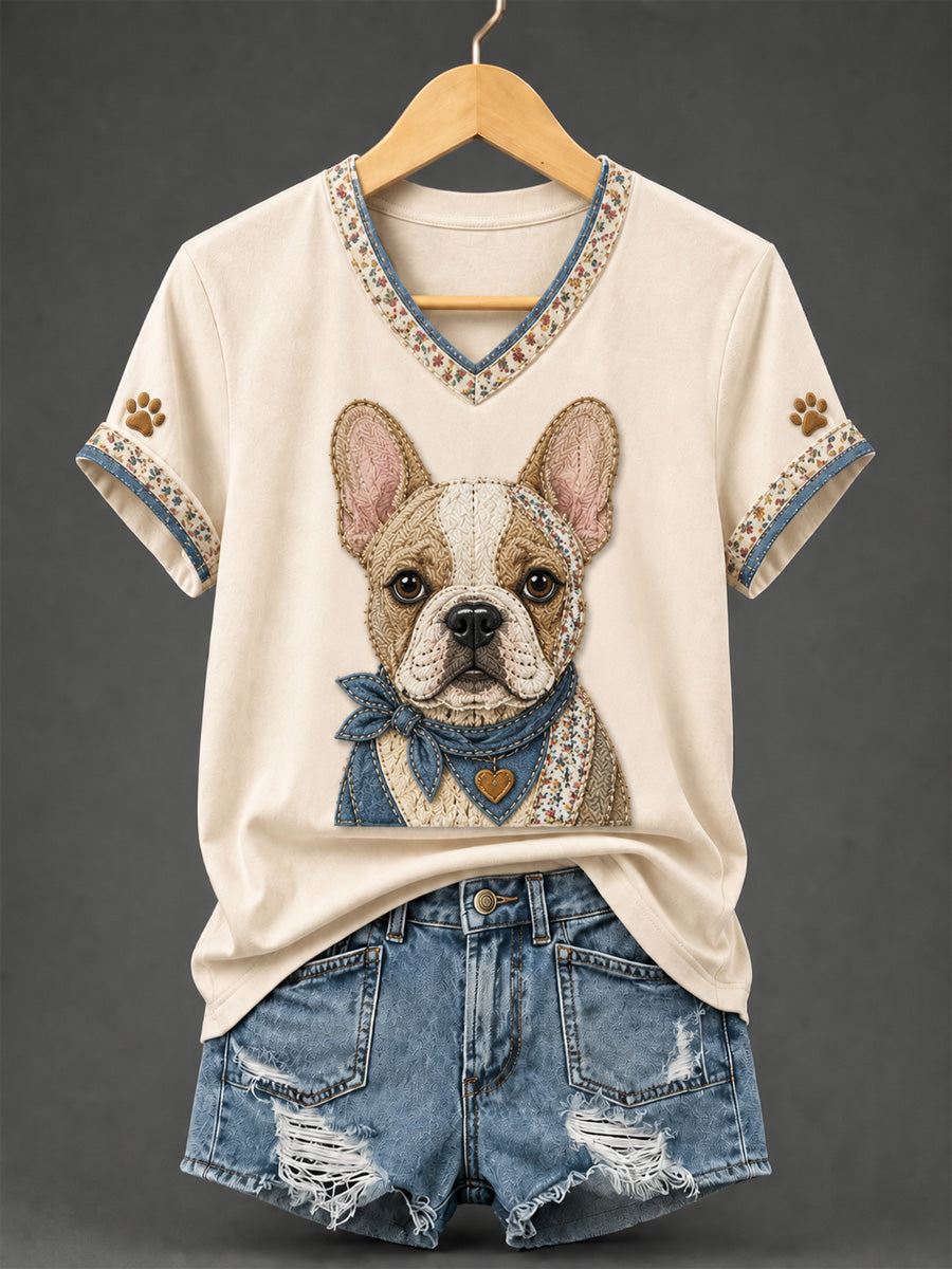 Damen-Retro-Patchwork-T-Shirt mit Hundeprint und V-Ausschnitt