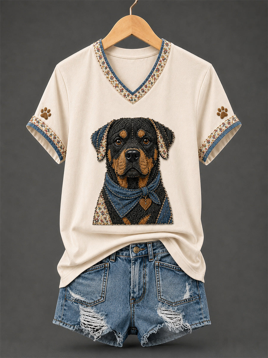 Damen-Retro-Patchwork-T-Shirt mit Hundeprint und V-Ausschnitt