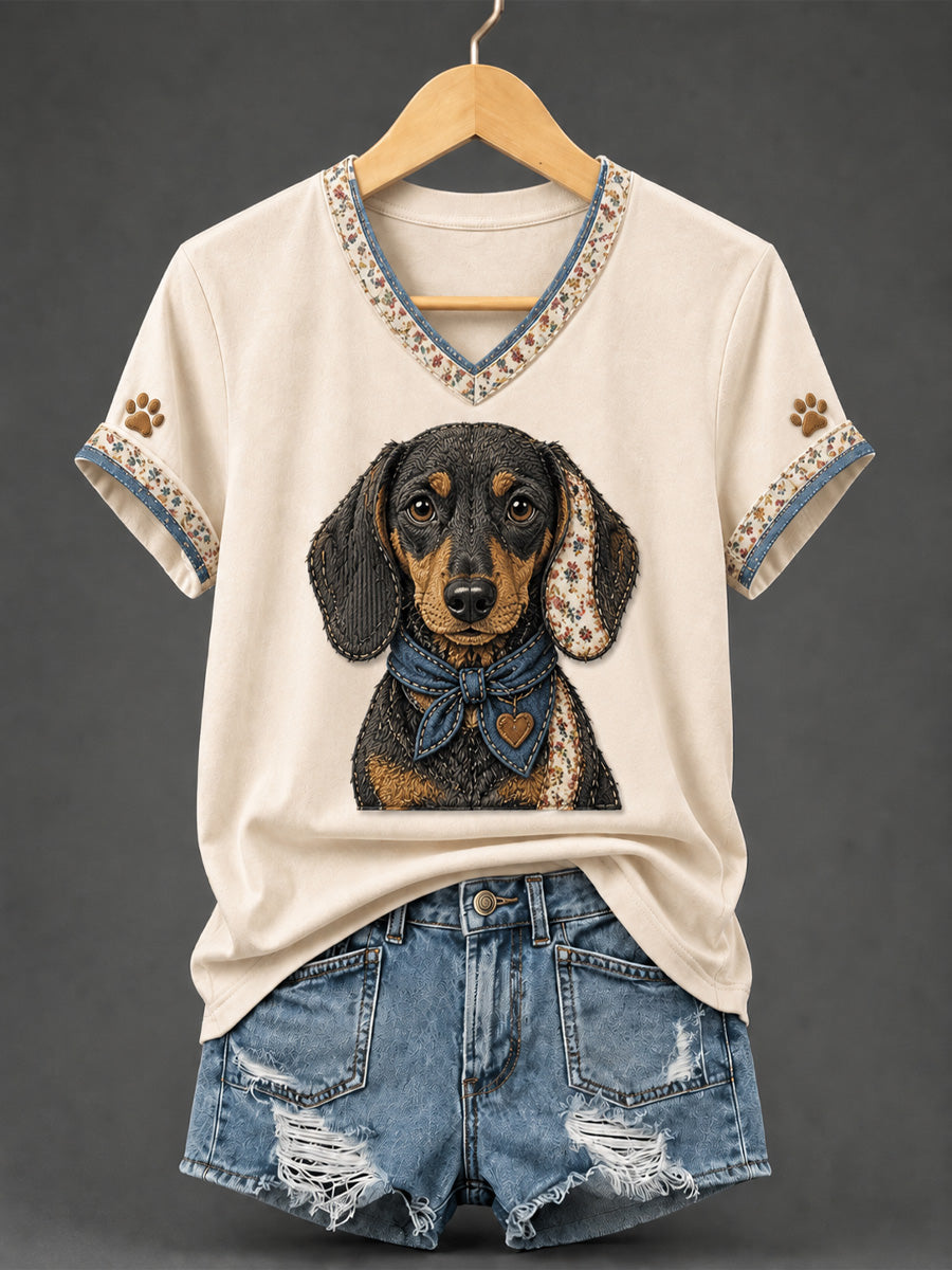 Damen-Retro-Patchwork-T-Shirt mit Hundeprint und V-Ausschnitt