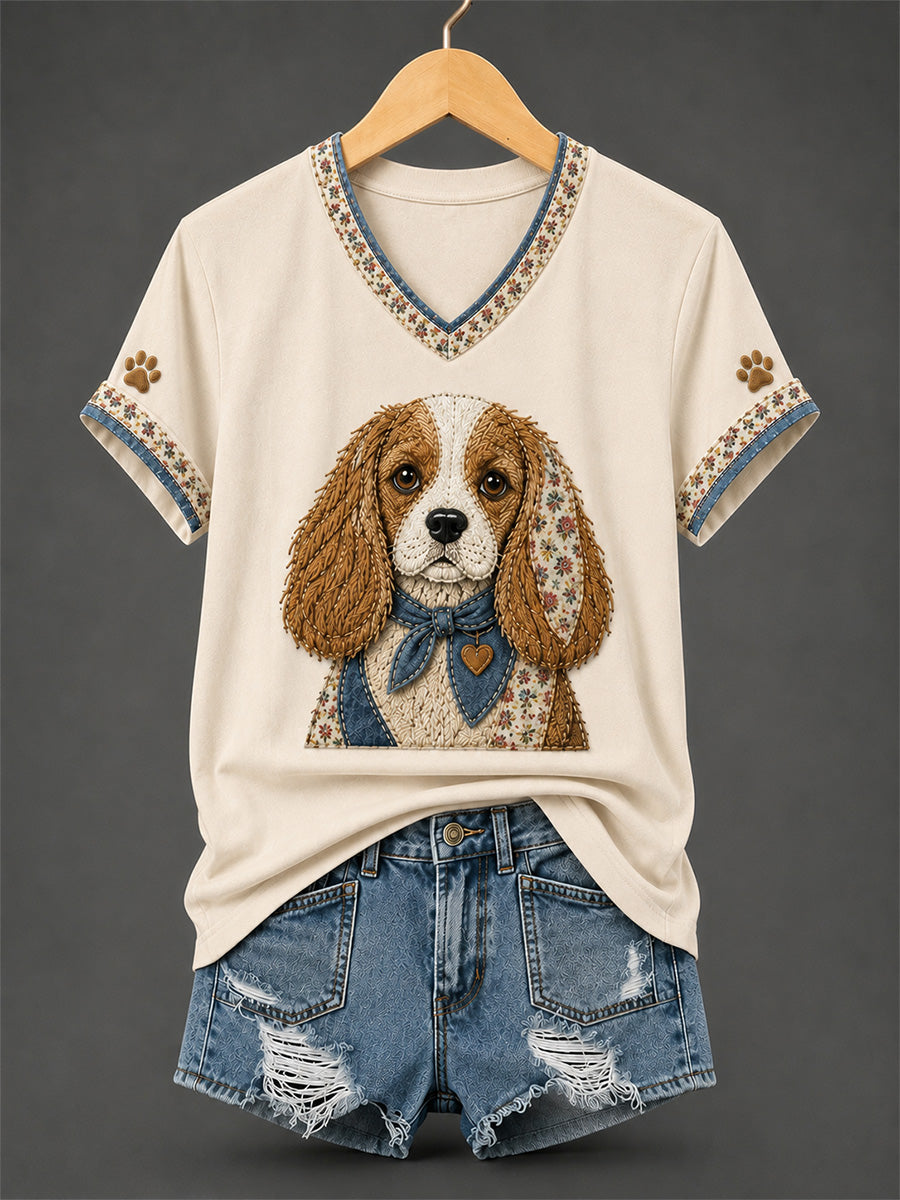 Damen-Retro-Patchwork-T-Shirt mit Hundeprint und V-Ausschnitt