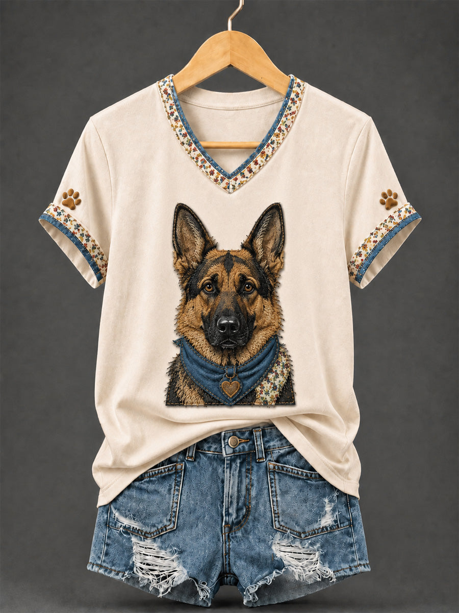 Damen-Retro-Patchwork-T-Shirt mit Hundeprint und V-Ausschnitt