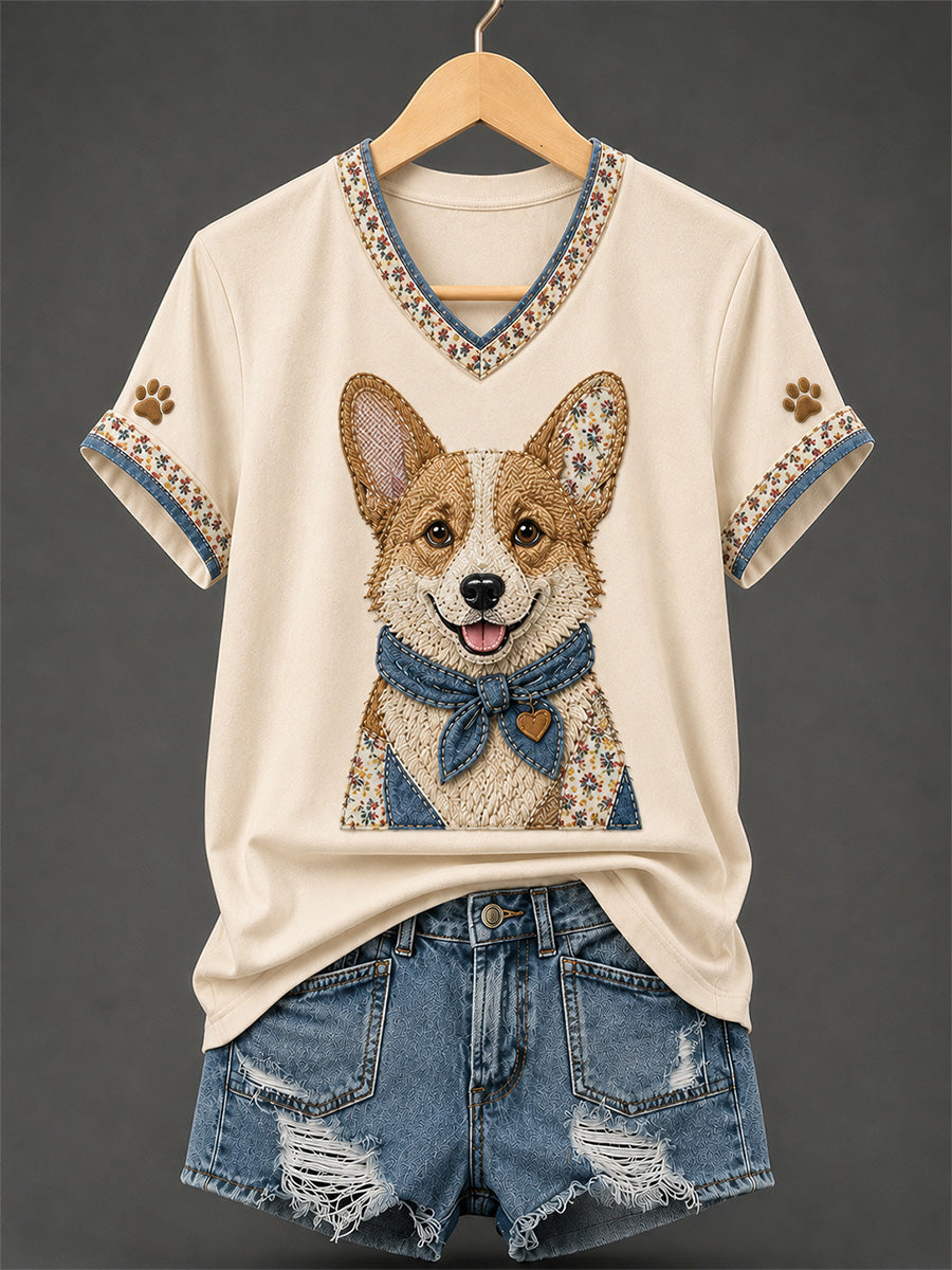 Damen-Retro-Patchwork-T-Shirt mit Hundeprint und V-Ausschnitt