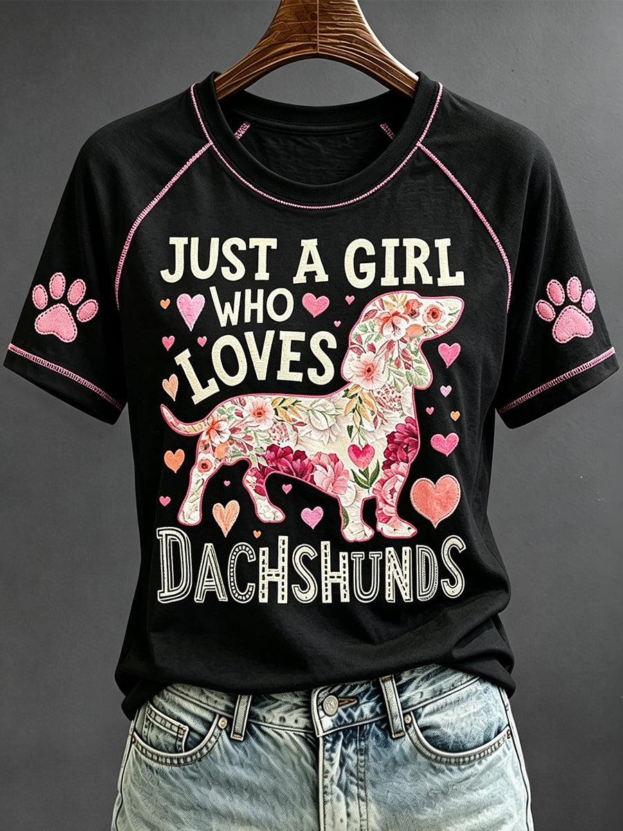Frauen nur ein Mädchen, das Dackel liebt Blumen Hund Kunst Druck Kurzarm T-Shirt
