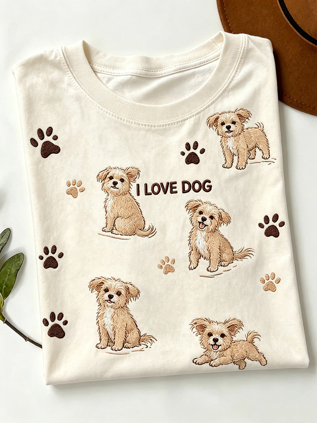 Damen-T-Shirt mit niedlichem Hunde-Muster und kurzen Ärmeln
