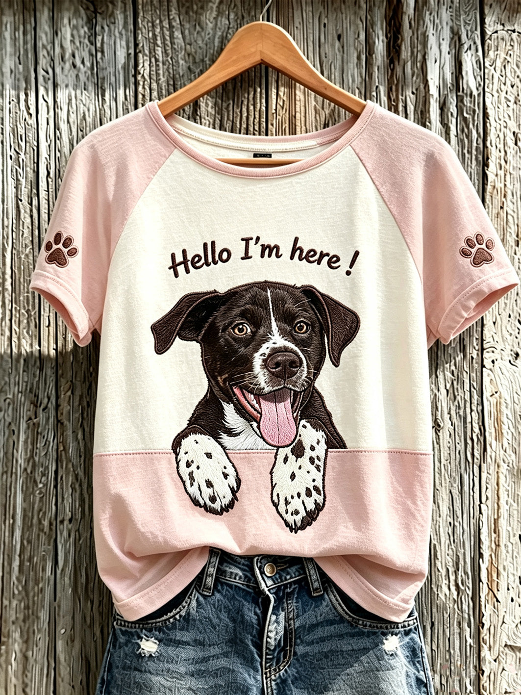 Damen-T-Shirt mit niedlichem Hunde-Muster und kurzen Ärmeln