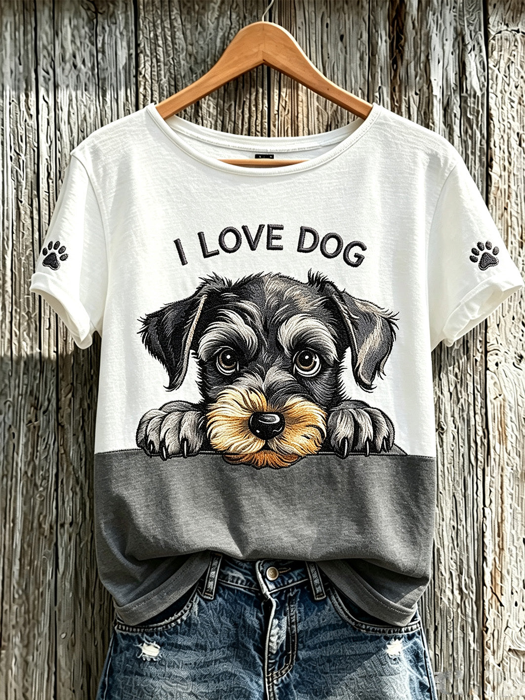 Damen-T-Shirt mit niedlichem Hunde-Muster und kurzen Ärmeln