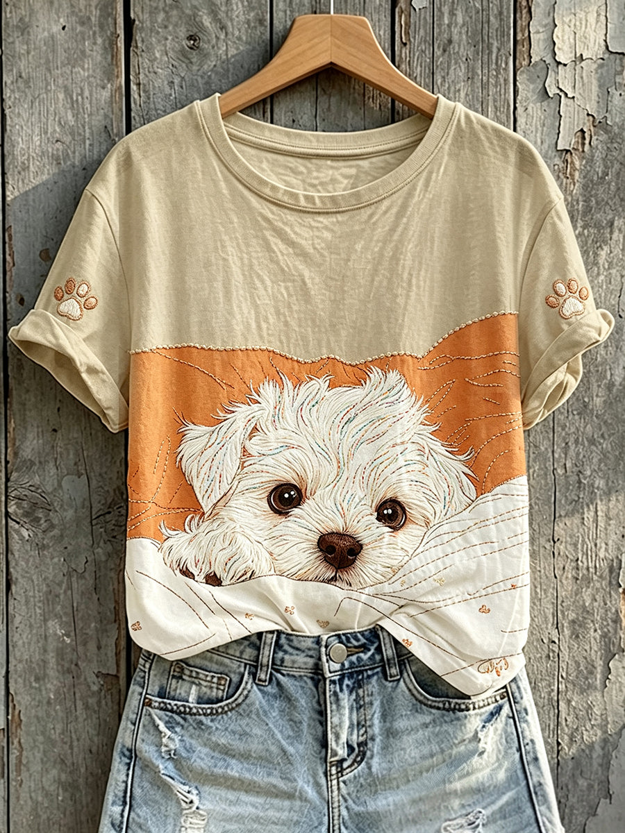 Damen-T-Shirt mit niedlichem Malteser-Welpen-Print und kurzen Ärmeln