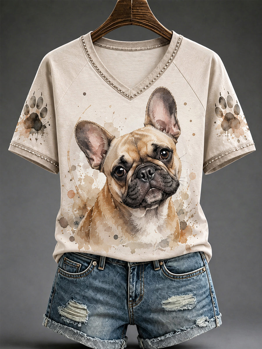 Damen niedliches Aquarell Hunde druck Geschenk für Haustier liebhaber lässig V-Ausschnitt T-Shirt