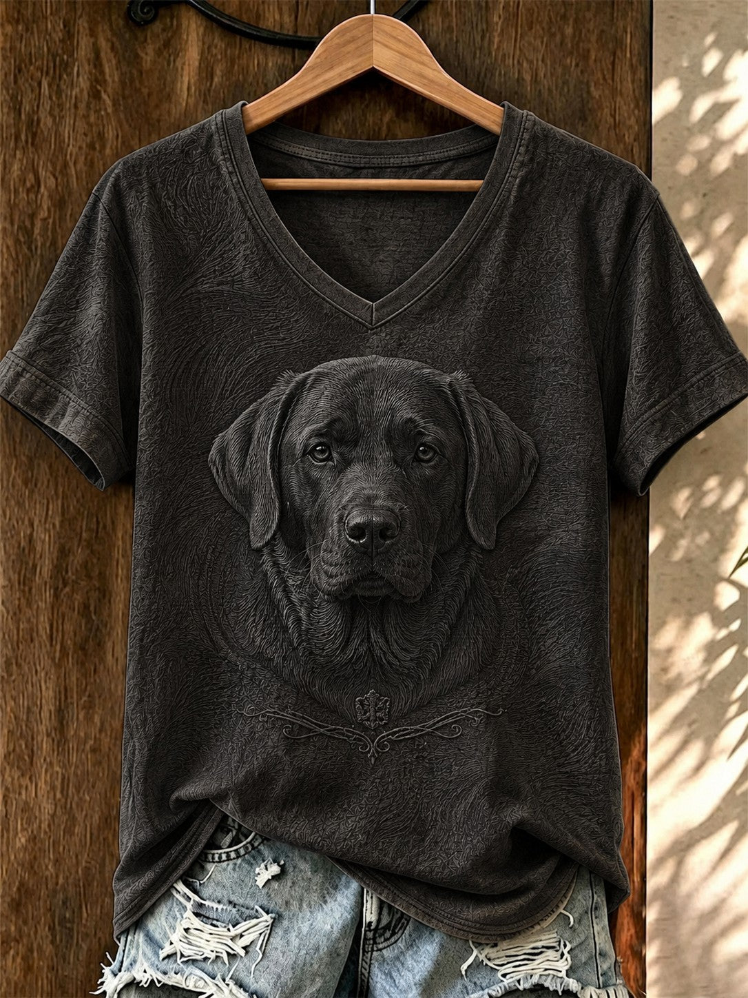 Damen-T-Shirt mit Kunst- und Hunde-Print sowie V-Ausschnitt