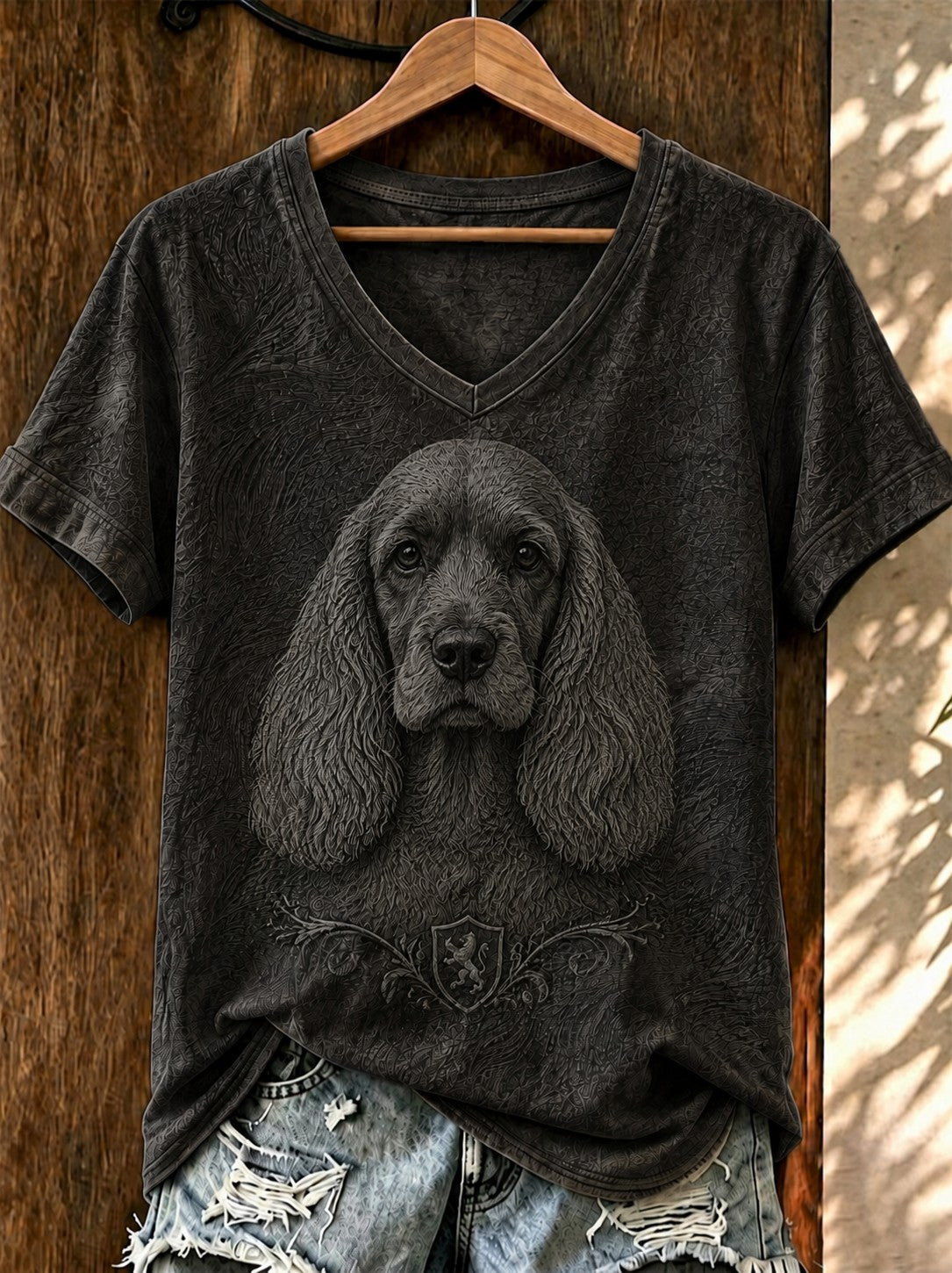 Damen-T-Shirt mit Kunst- und Hunde-Print sowie V-Ausschnitt