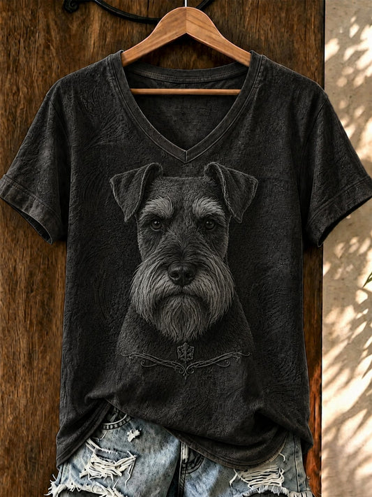 Bedrucktes T-Shirt mit V-Ausschnitt Damen-Kunst hund