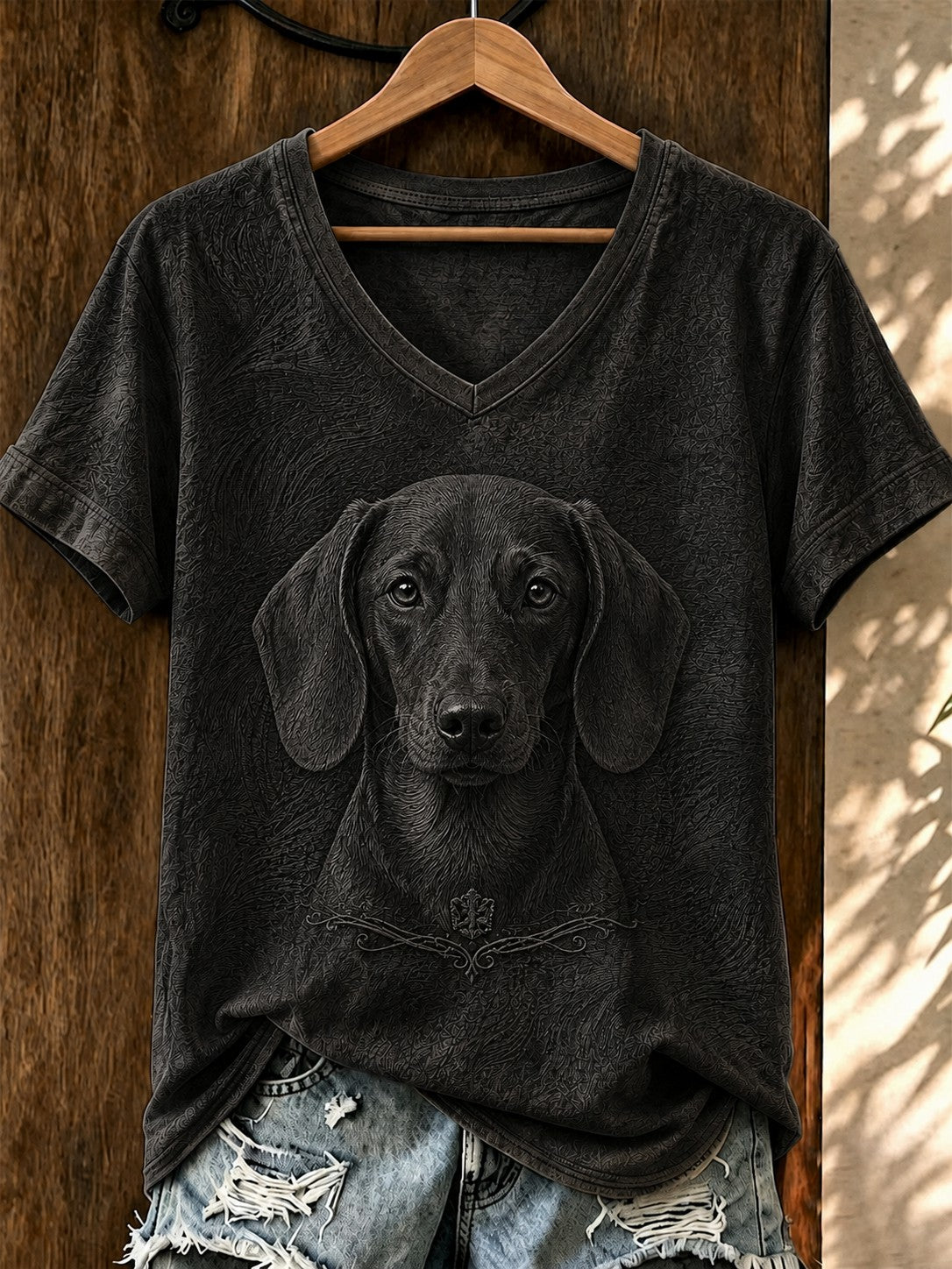 Damen-T-Shirt mit Kunst- und Hunde-Print sowie V-Ausschnitt