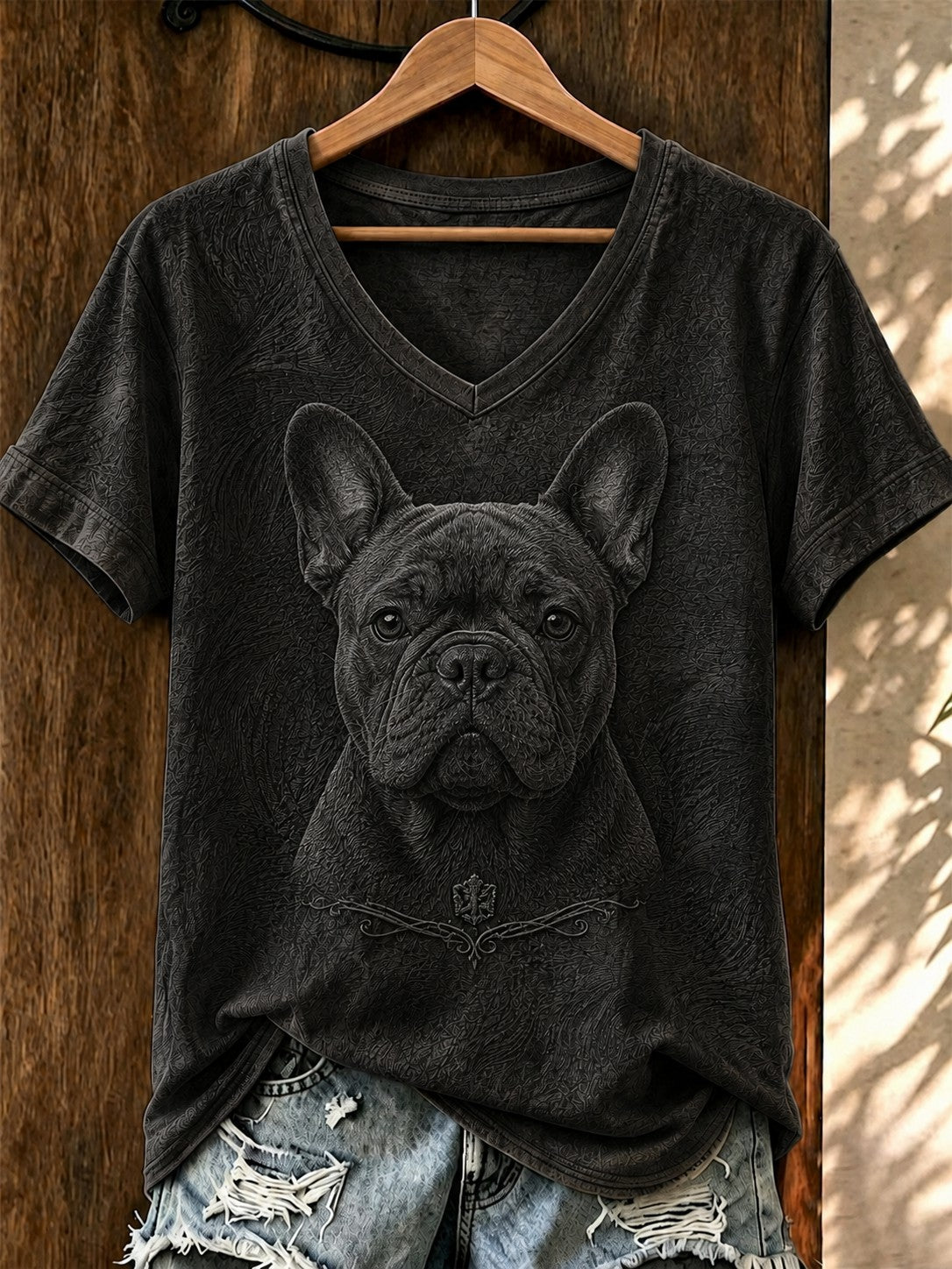 Damen-T-Shirt mit Kunst- und Hunde-Print sowie V-Ausschnitt