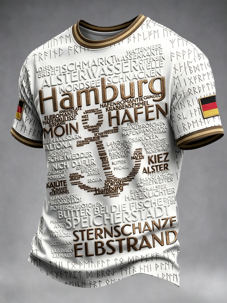 Herren-T-Shirt in Weiß mit deutschem Hamburger Schriftzug im Retro-Print, lässig geschnitten