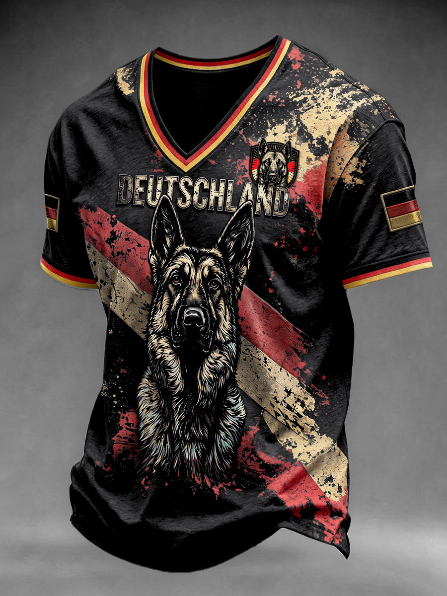 Herren schwarze deutsche Flagge Deutscher Schäferhund Print lässiges T-Shirt mit V-Ausschnitt