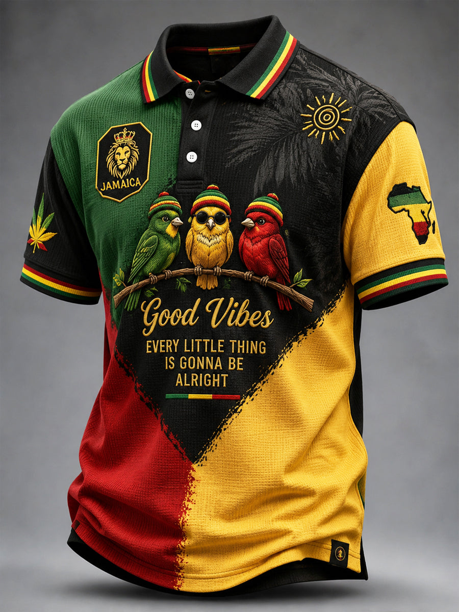 Retro Reggae-inspiriertes Patchwork-lässiges Waffel-Web-Polo-Shirt