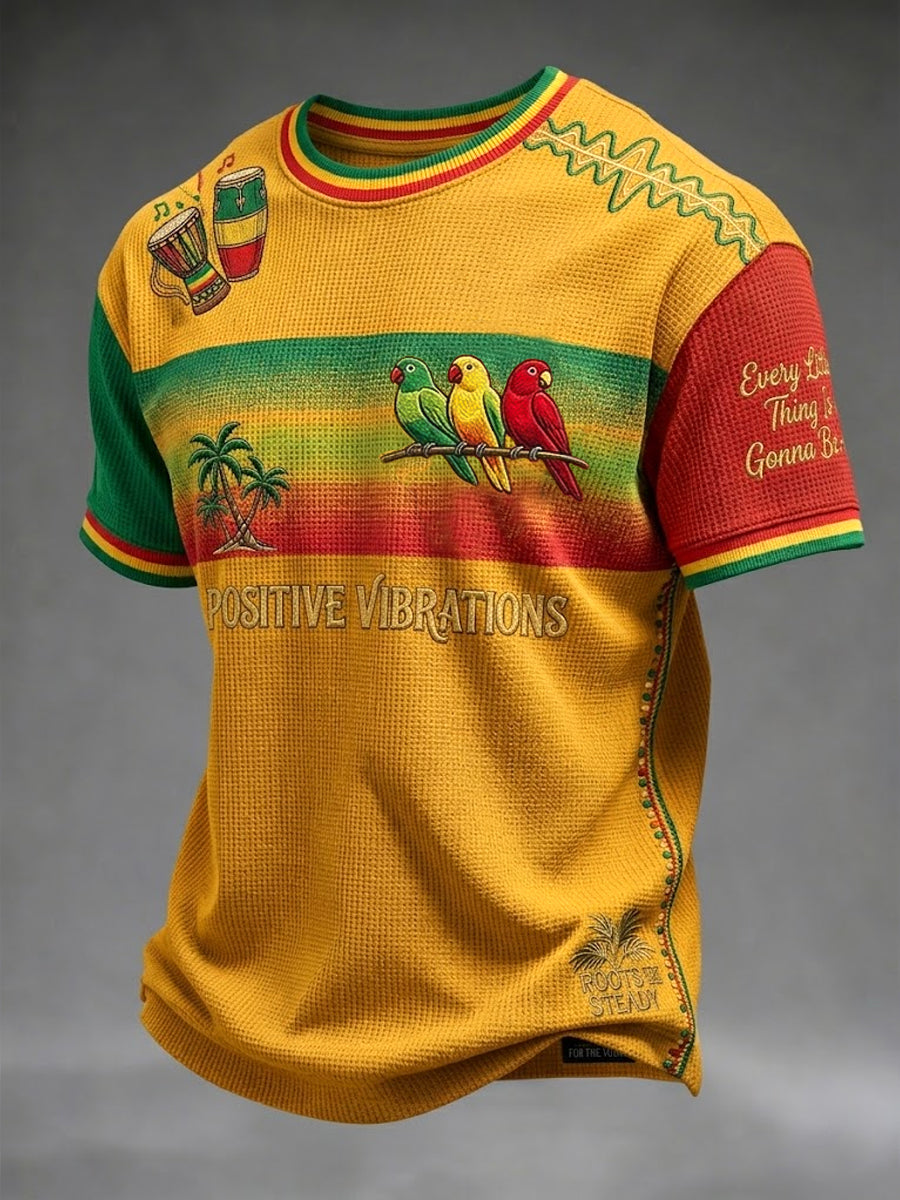 Retro Reggae Gradienten Patchwork Lässiges Waffel-Gewebe T-Shirt