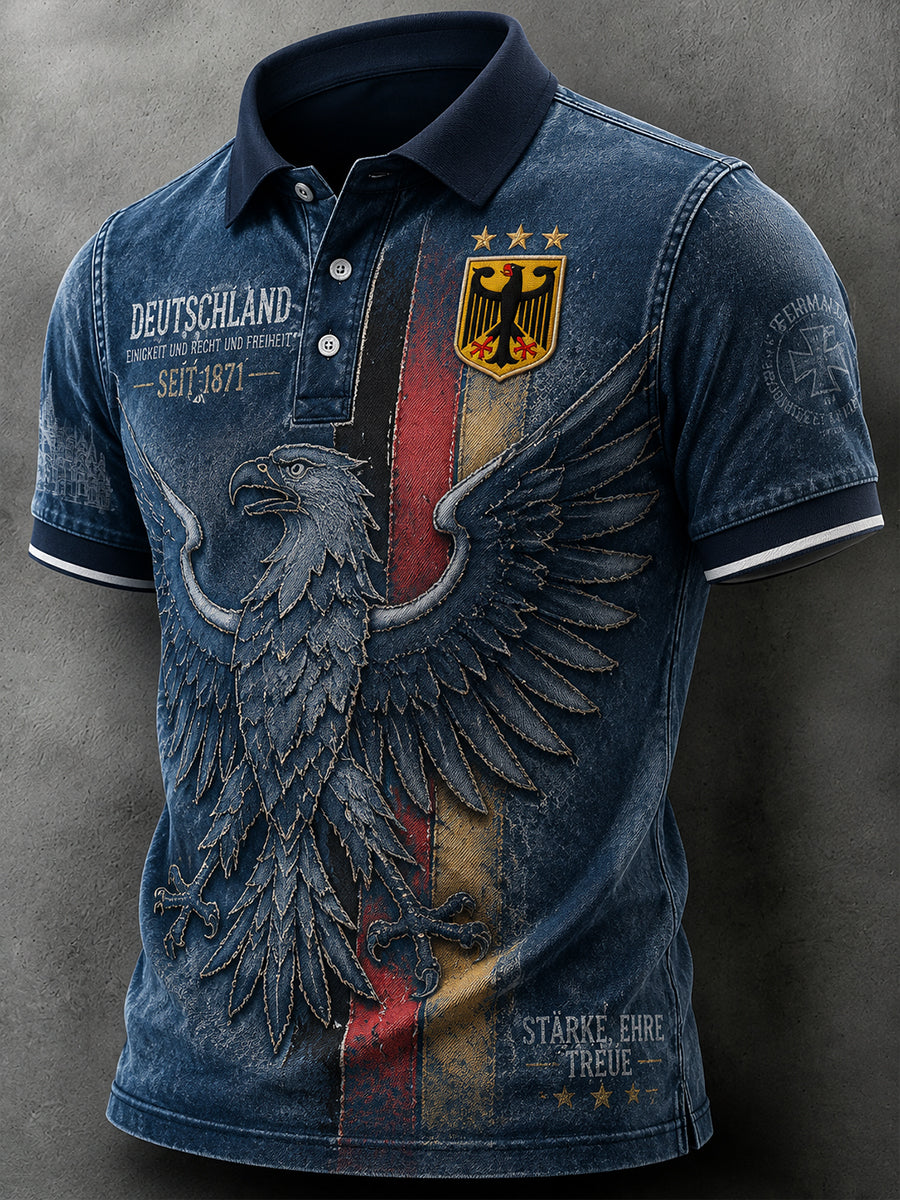 Herren-Denim-Poloshirt im Vintage-Stil mit Adler-Print
