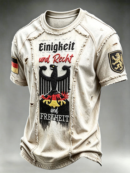 Herren-T-Shirt mit deutscher Flagge, schwarzer Adler, Jeans-Patchwork-Print, lässig