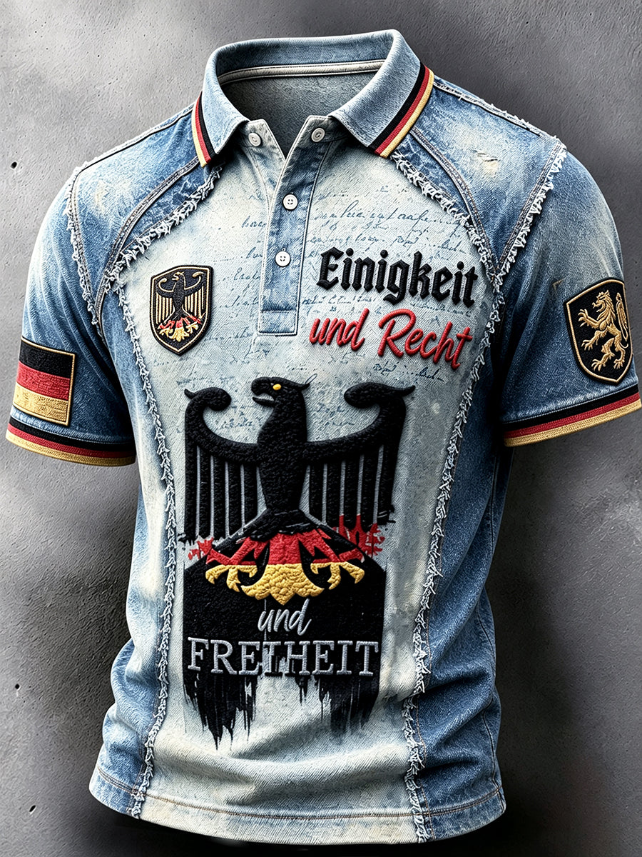 Herren-Poloshirt in Blau mit deutschem Adler, Fußball- und Jeans-Patchwork-Print, lässig geschnitten