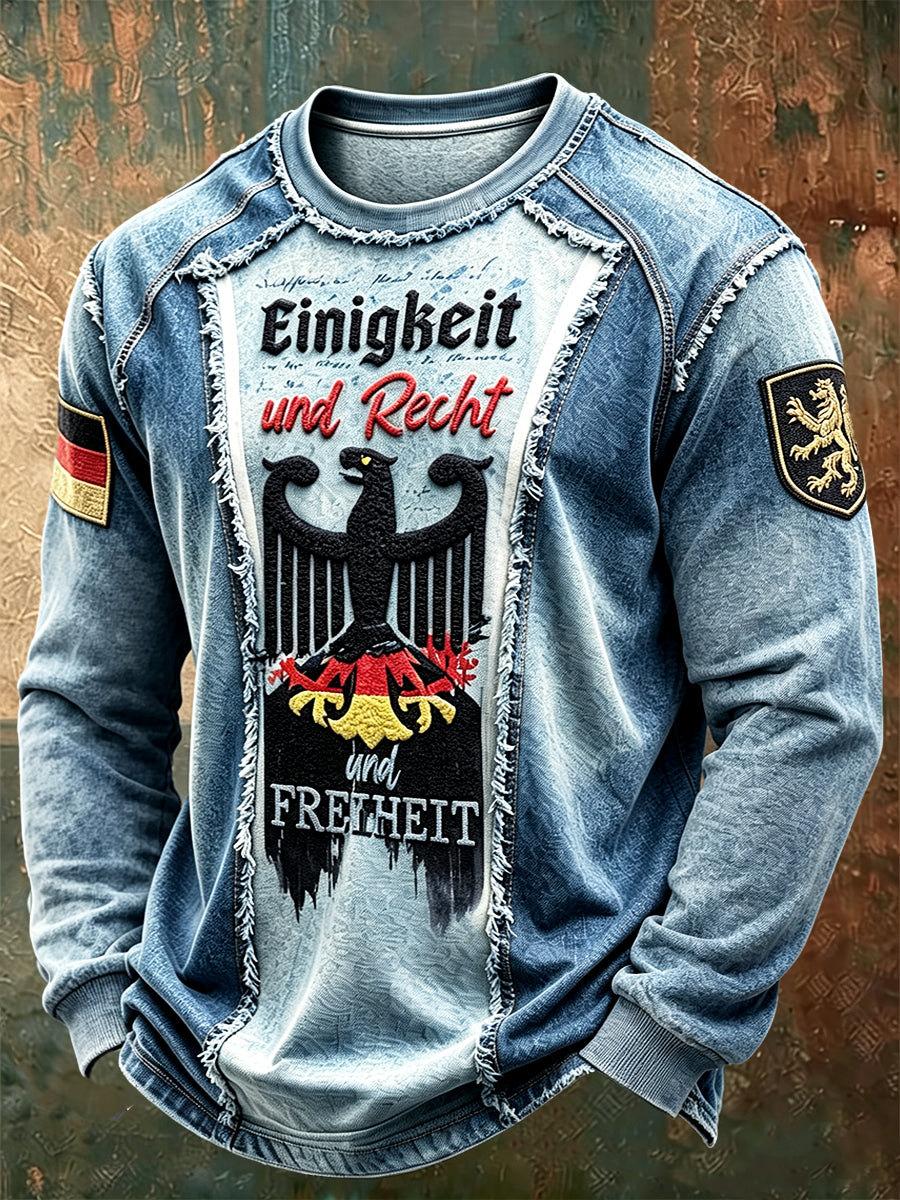 Herren-T-Shirt im deutschen Stil mit Schwarzadler- und Fußball-Motiven, Patchwork-Print, lässig, langärmelig