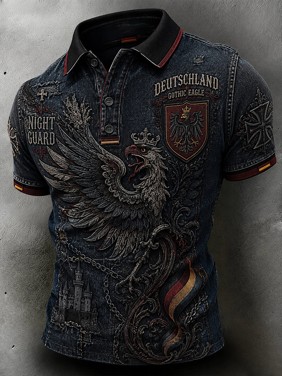 Herren-Poloshirt im Vintage-Stil mit Adler-Print und kurzen Ärmeln