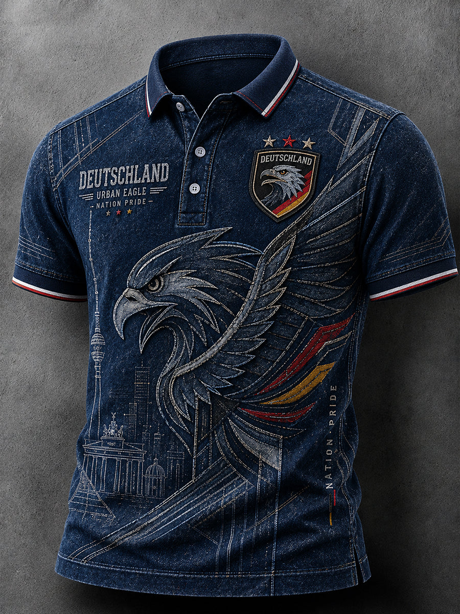 Herren-Poloshirt im Vintage-Stil mit Adler-Print und kurzen Ärmeln