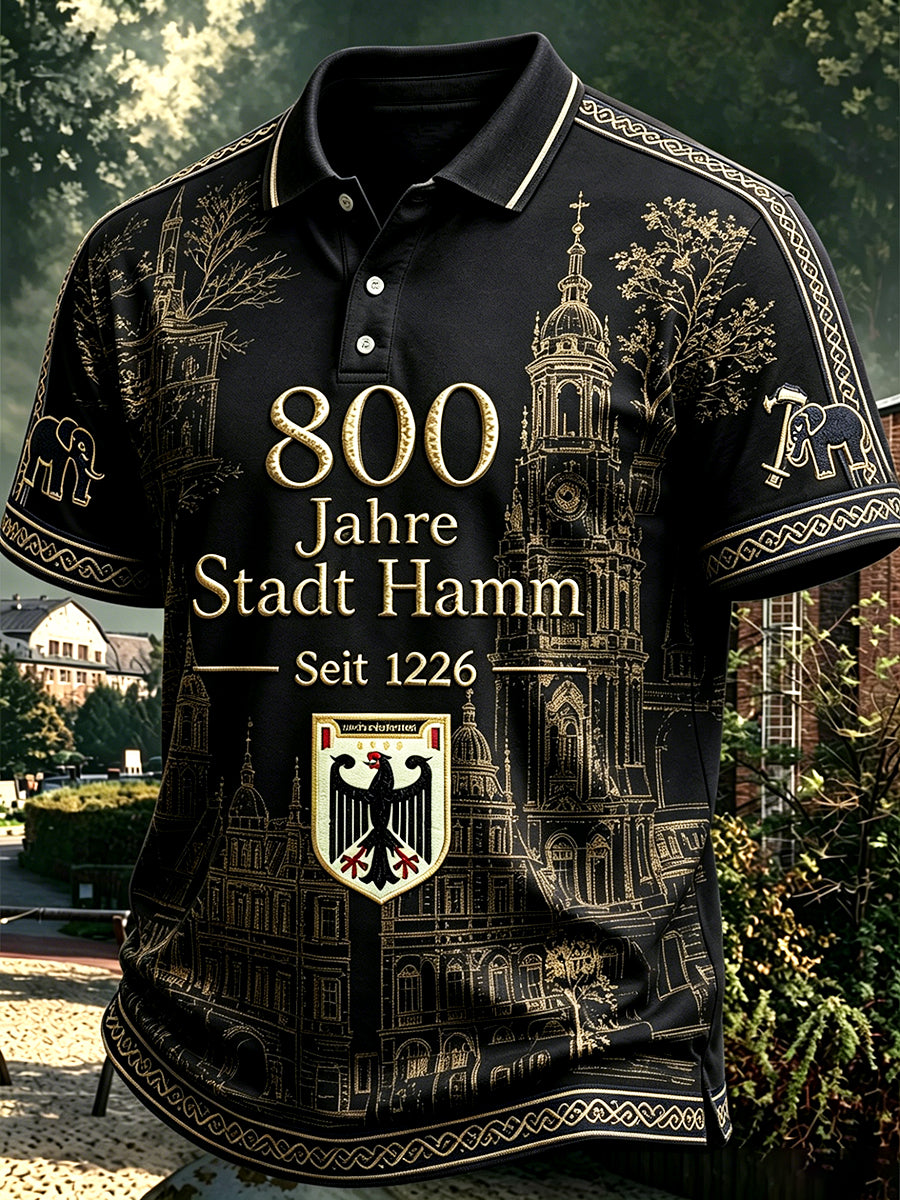 Herren-Poloshirt in Schwarz mit dekorativem Druck zum 800. Jubiläum der Stadt Hamm – lässiger Freizeitstil