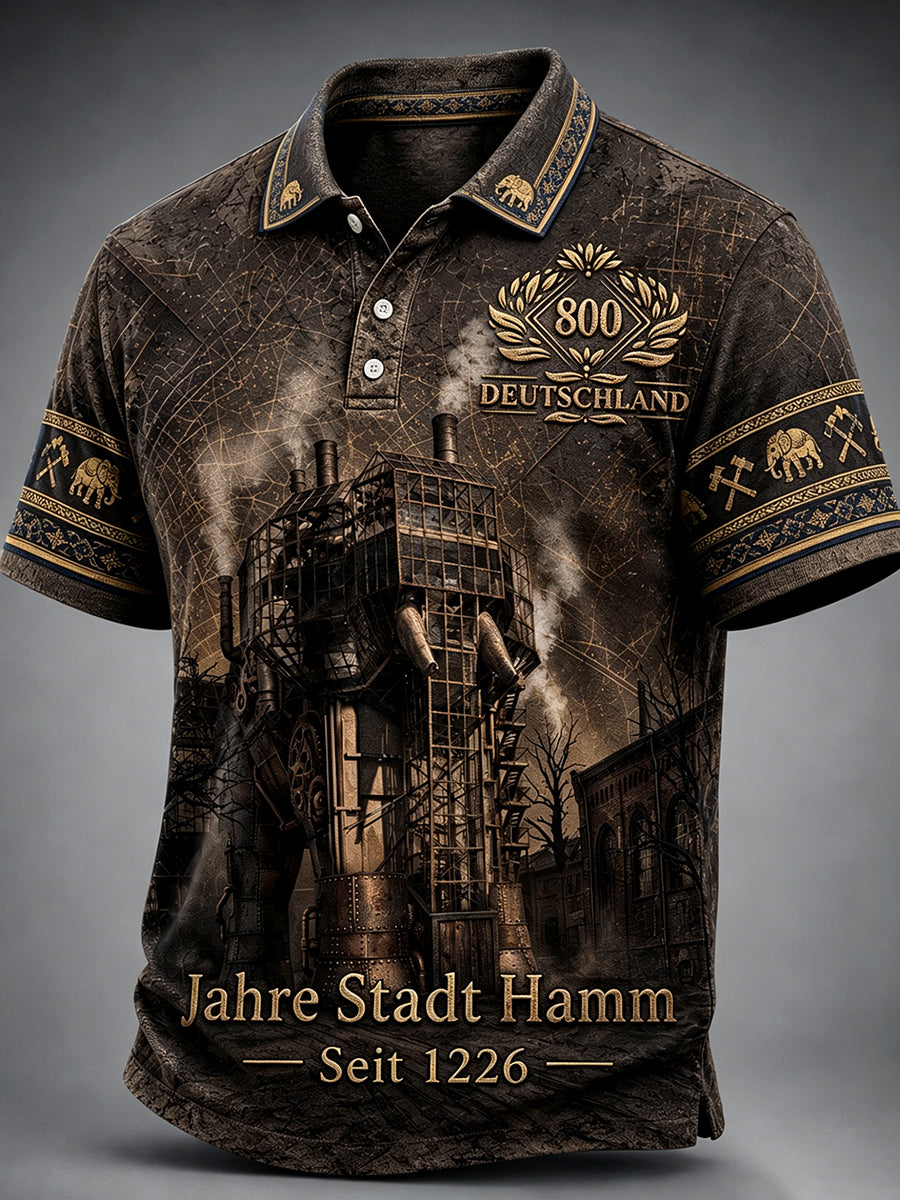 Herren-Poloshirt im Retro-Print zum 800-jährigen Jubiläum der Deutschen Hamm, lässig geschnitten