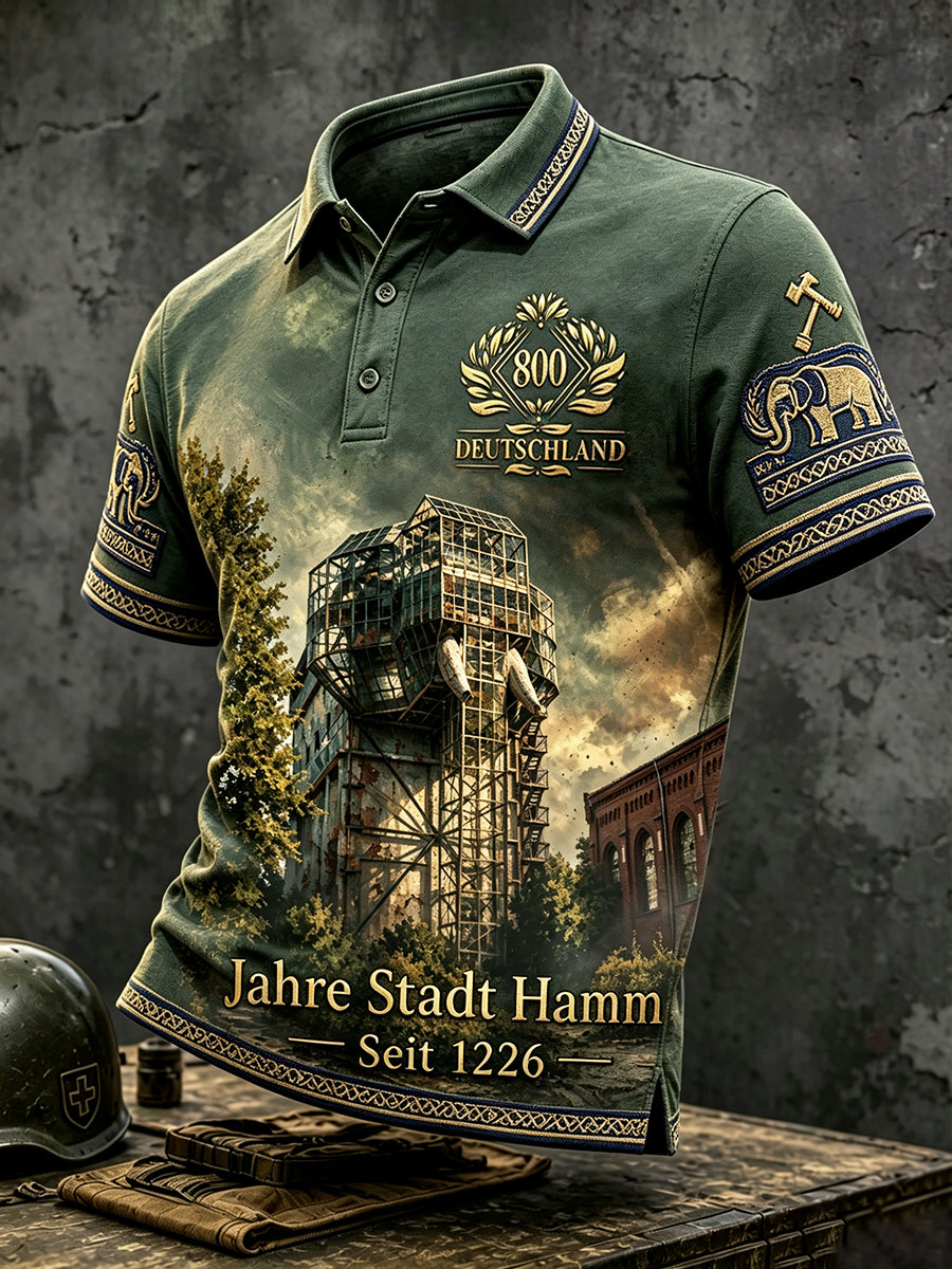 Herren-Poloshirt in Grün mit deutschem HAMM‑Motiv zum 800. Jubiläum, bedruckt, lässig geschnitten