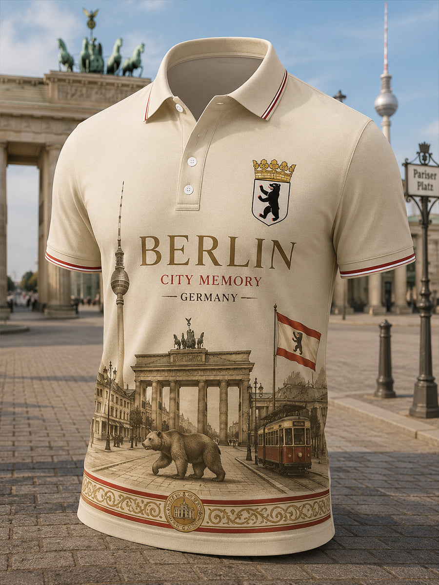 Herren-Poloshirt mit kurzen Ärmeln und urbanem, erinnerungsträchtigem Grafikdruck