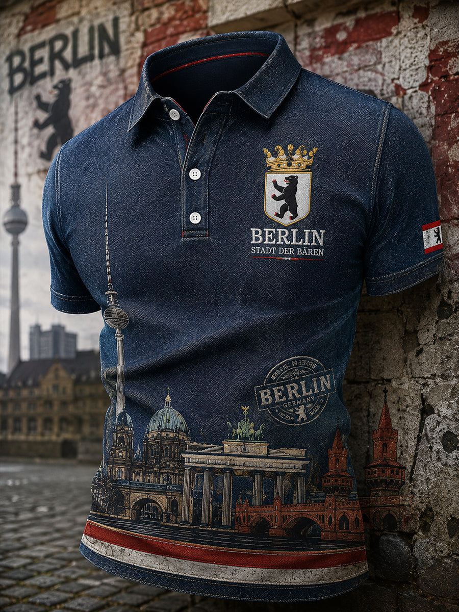 Herren-Poloshirt mit kurzen Ärmeln und urbanem, erinnerungsträchtigem Grafikdruck
