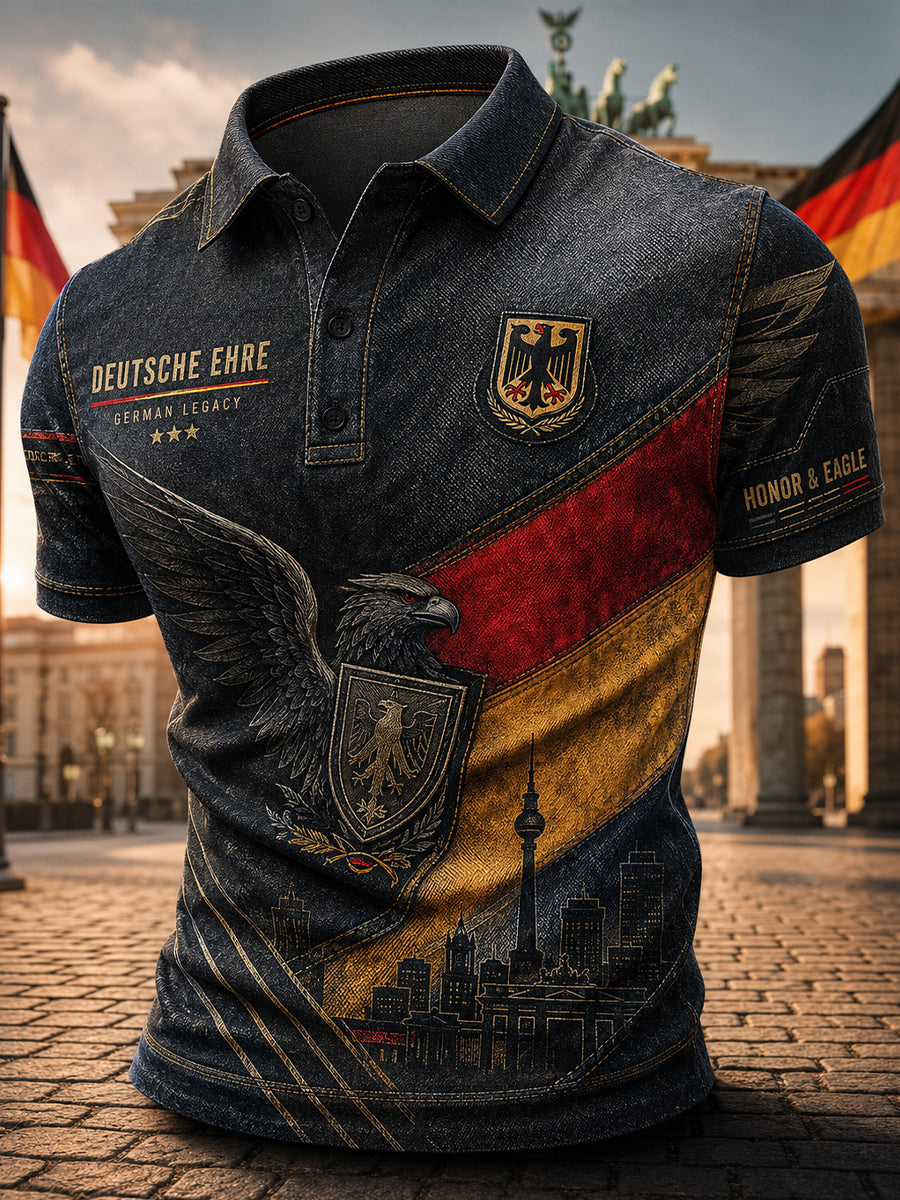 Herren-Poloshirt mit kurzen Ärmeln und Adler-Print im Denim-Stil