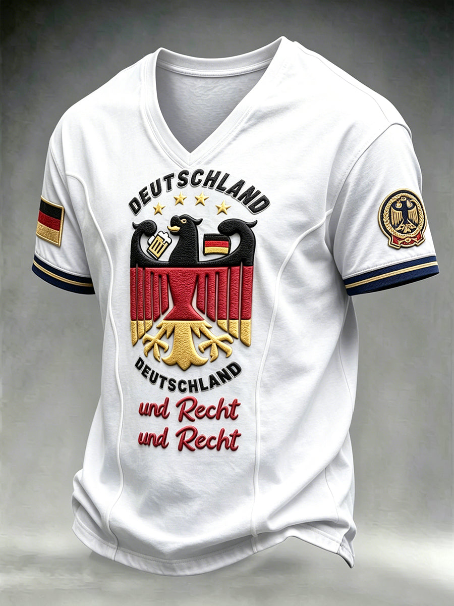 Herrenweißes Freizeit-T-Shirt mit deutschem Fußball-Print im Patchwork-Stil und langen Ärmeln