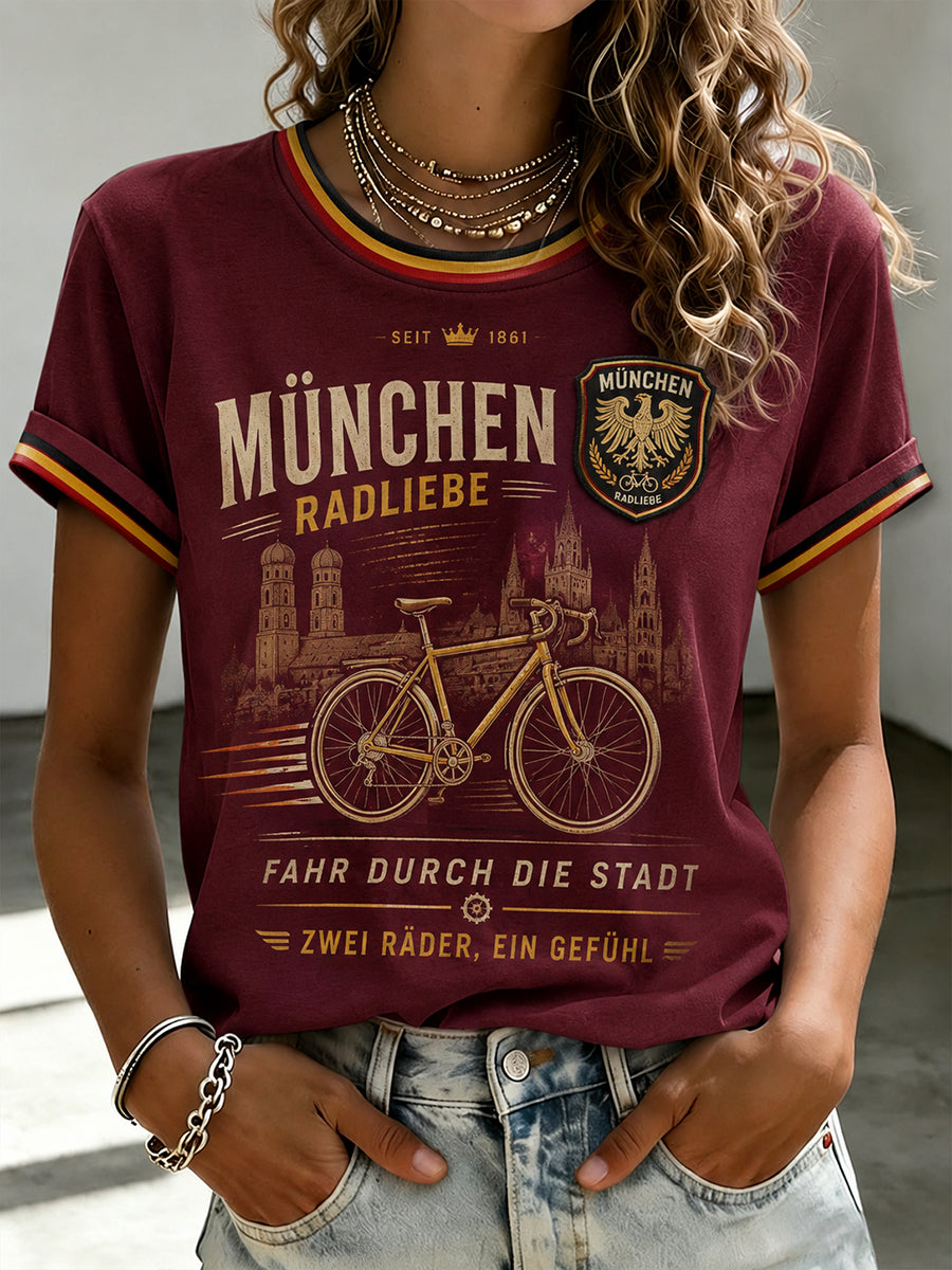 Damen-T-Shirt mit kurzen Ärmeln und Fahrrad-Motiv-Print