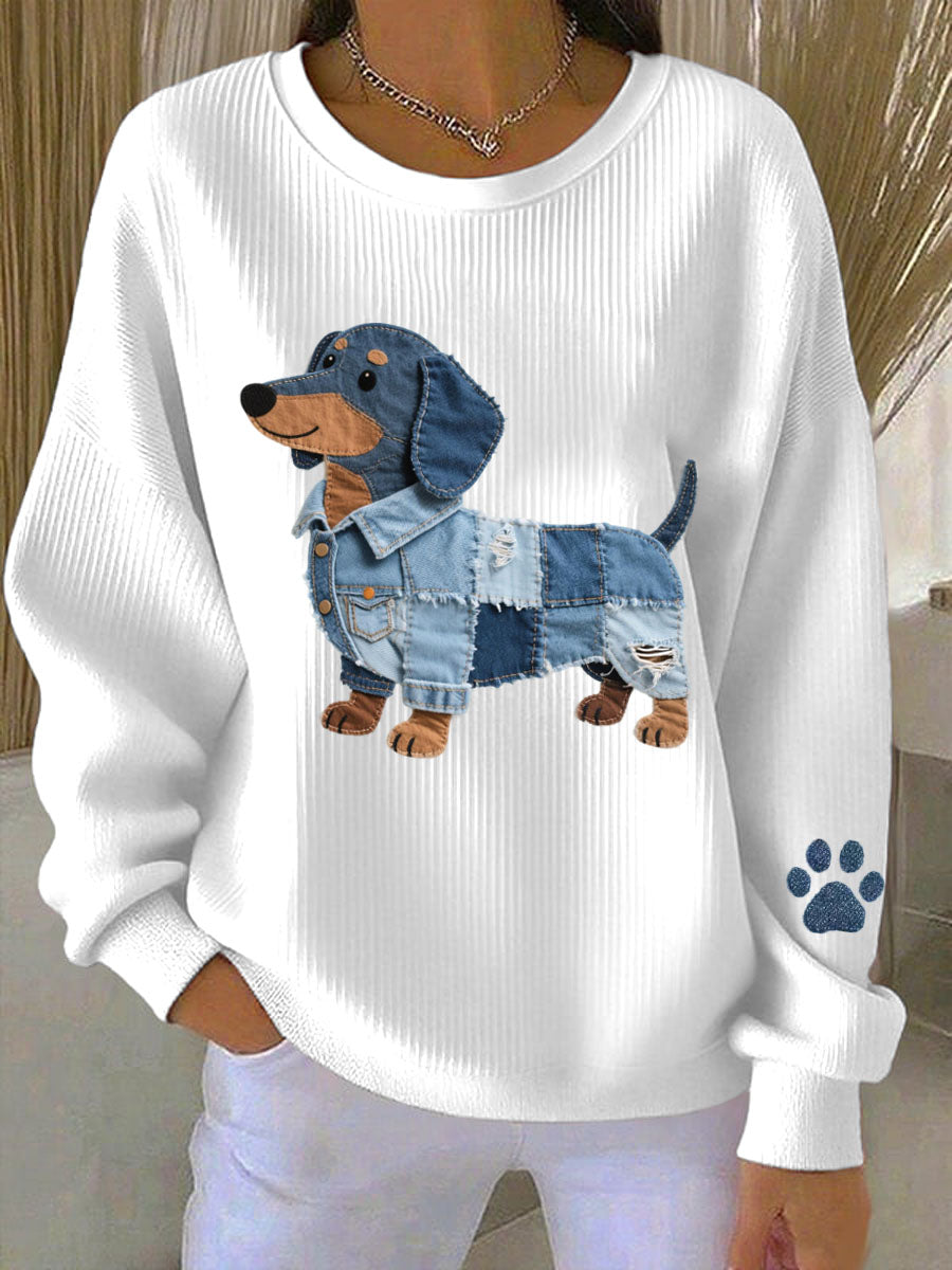 Damen Denim Patchwork Kunst Dackel Muster Sweatshirt