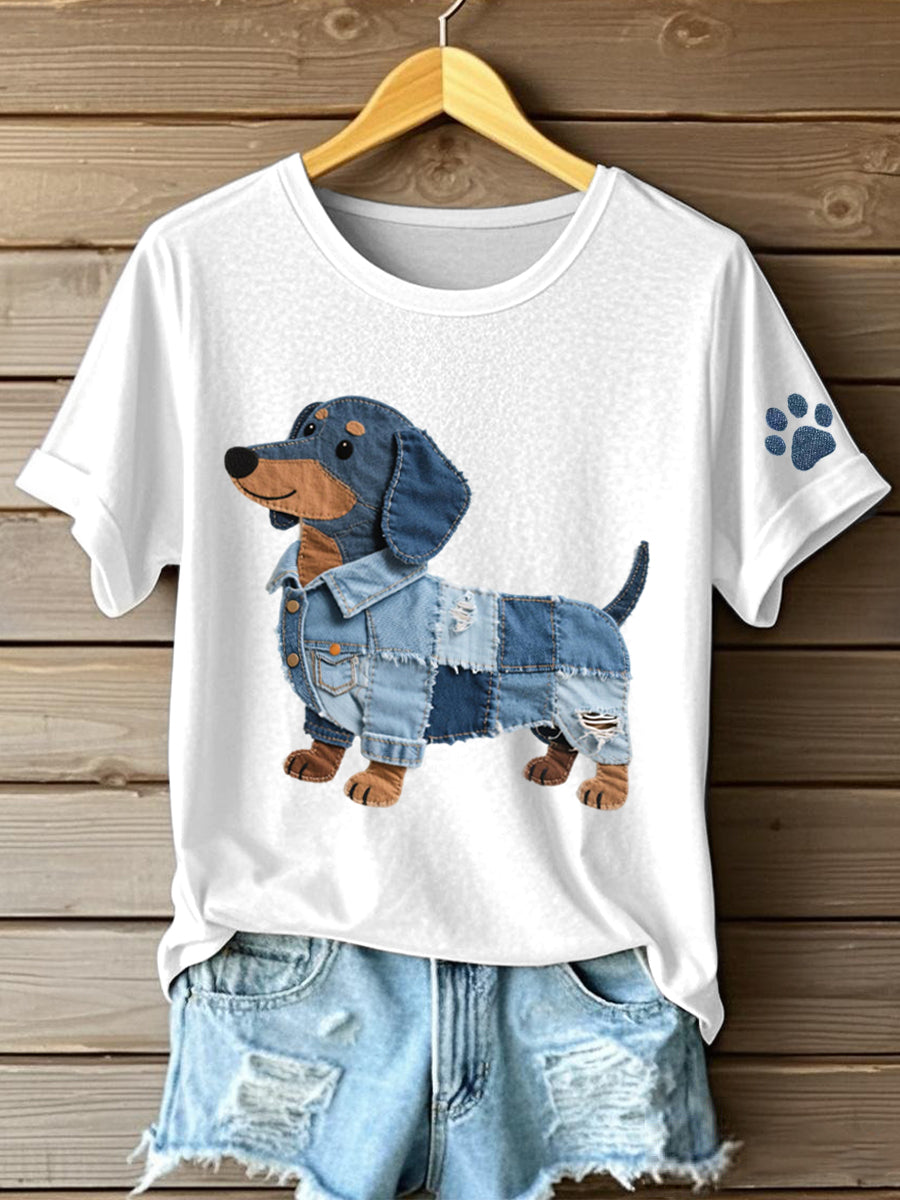 Damen Denim Patchwork Kunst Dackel Muster T-Shirt