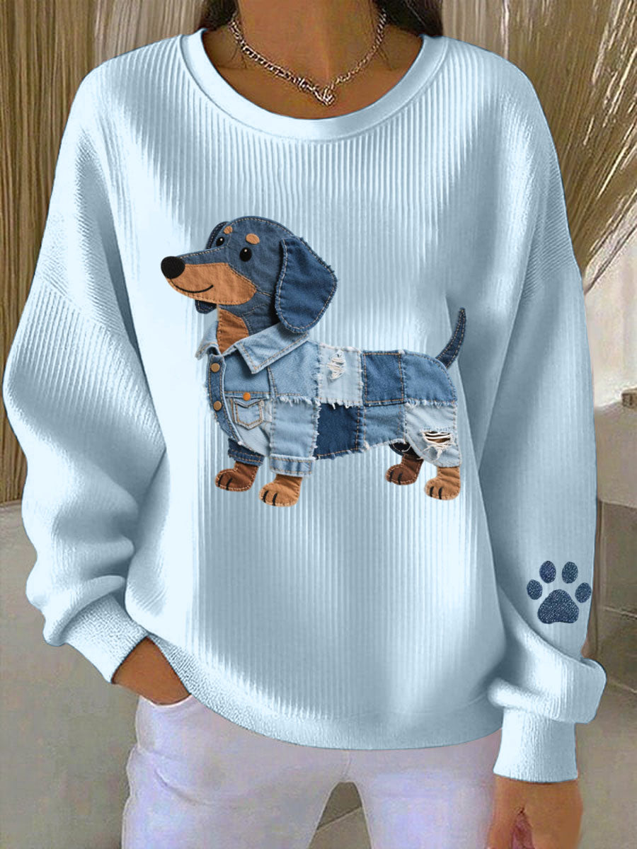 Damen Denim Patchwork Kunst Dackel Muster Sweatshirt