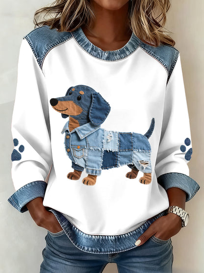 Damen Dackel Muster Denim Patchwork Kunst Sweatshirt