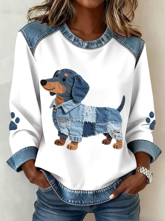 Damen Dackel Muster Denim Patchwork Kunst Sweatshirt