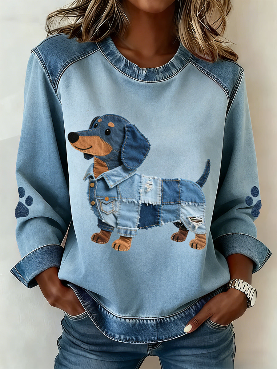 Damen Dackel Muster Denim Patchwork Kunst Sweatshirt
