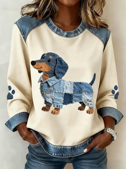 Damen Dackel Muster Denim Patchwork Kunst Sweatshirt