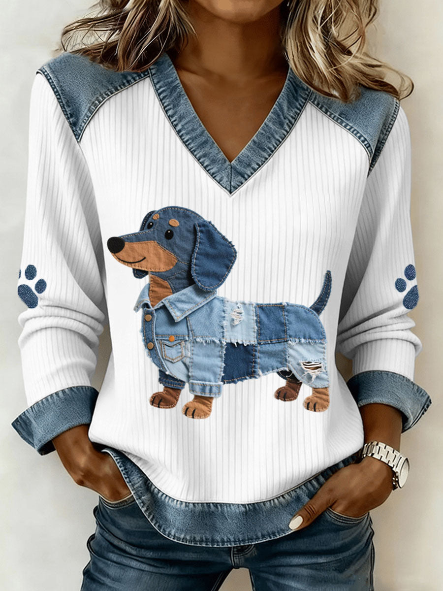 Damen Niedliches Dackel muster Denim Patchwork Kunst V-Ausschnitt Top