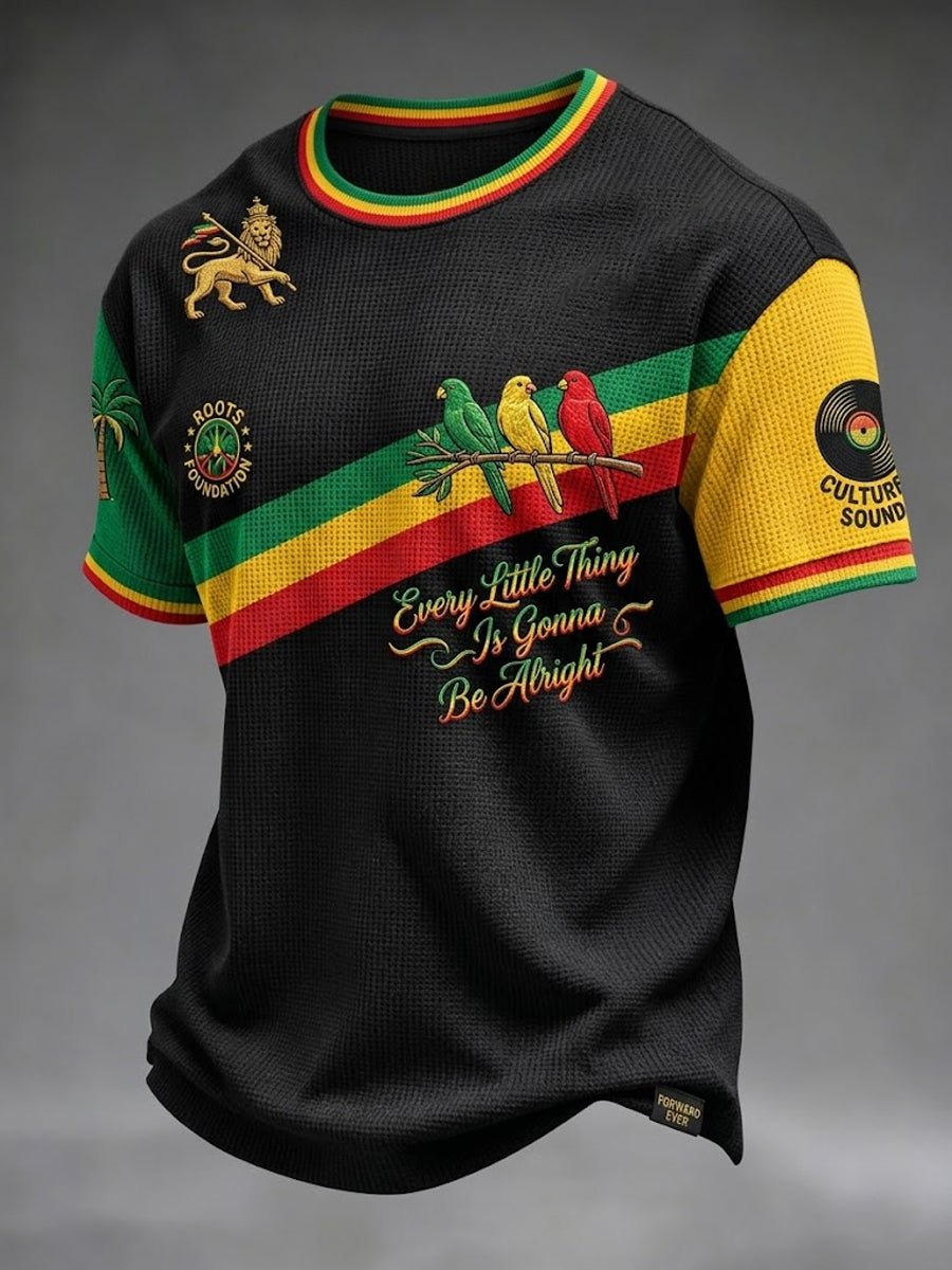 Retro Reggae-inspirierte gestreifte Patchwork-Waffel-Weben-T-Shirt
