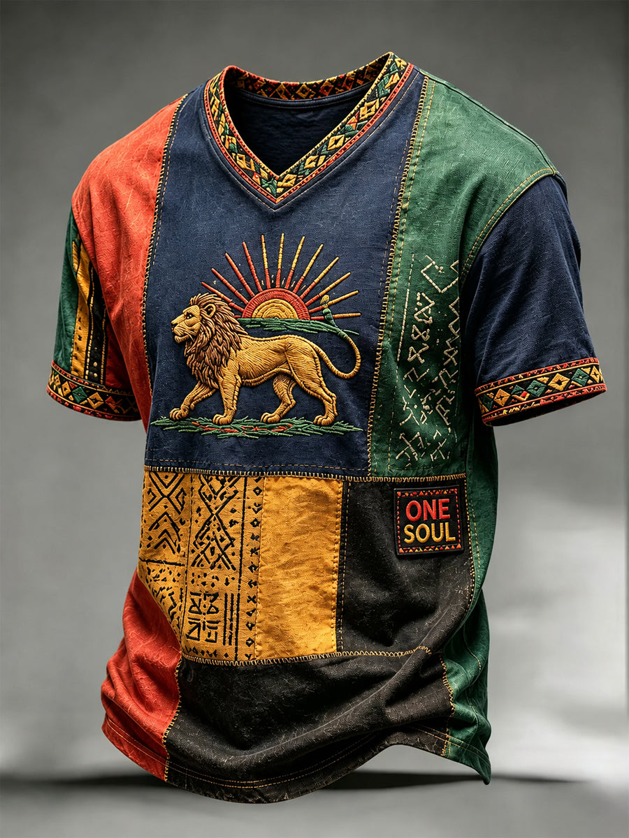 Retro Reggae Löwe Patchwork Casual T-Shirt