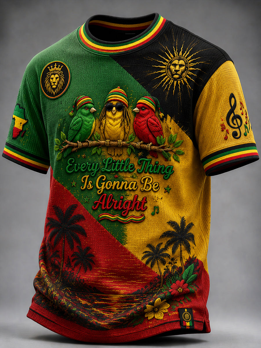 Retro Reggae-inspiriertes Patchwork-Lässiges Waffel-Gewebe-T-Shirt