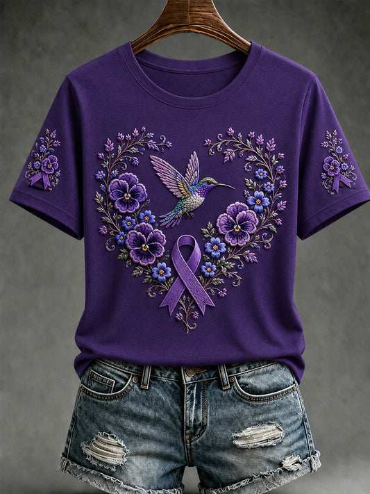 Damen-T-Shirt mit lila Blumen-und Kolibri druck, kurz ärmel ige Alzheimer-Unterstützung