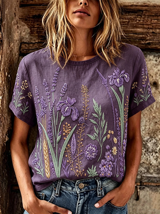 Damen-Kurzarm-T-Shirt mit lila Pflanzen blumenmuster gedruckt