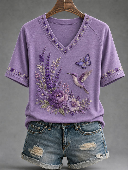 Damen-T-Shirt mit violetter Blumen- und Kolibri-Print-Aufschrift zur Sensibilisierung für Alzheimer, V-Ausschnitt
